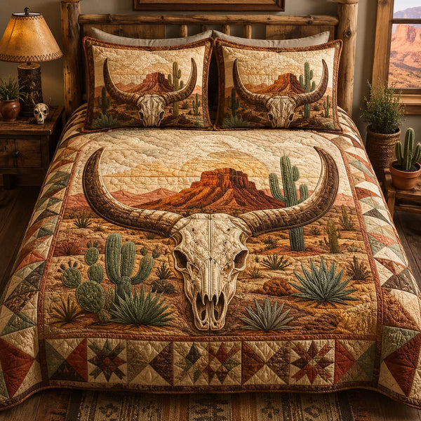 High Desert Homestead quilted 3-piece bedding set on a made bed in a rustic timber bedroom