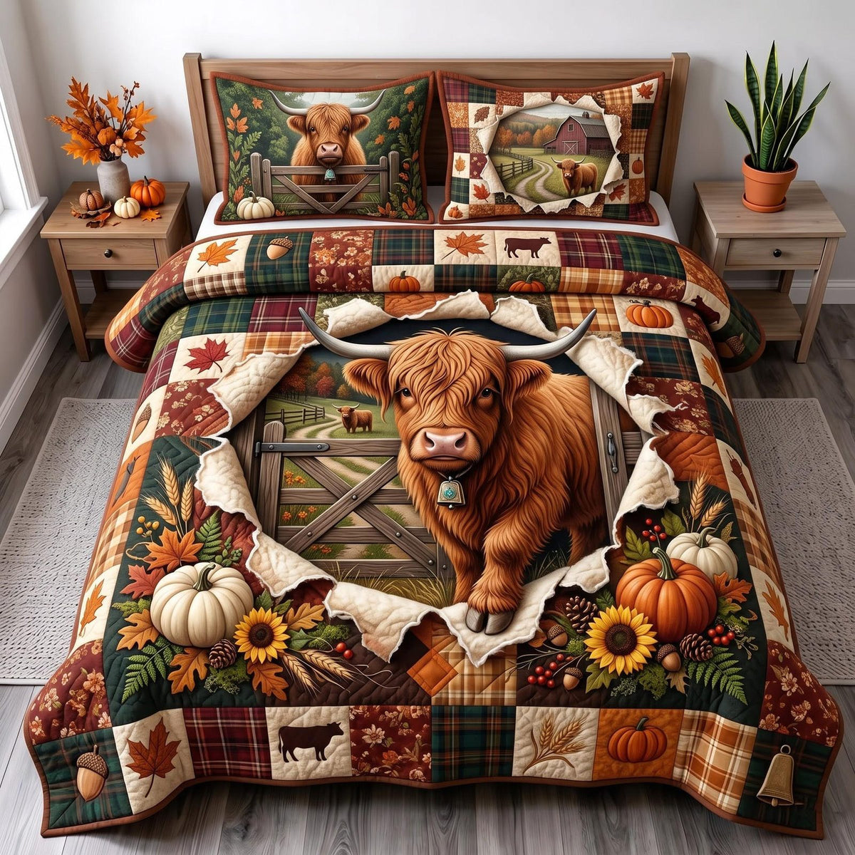 Highland Autumn quilted 3-piece bedding set on a made bed with two matching pillow shams