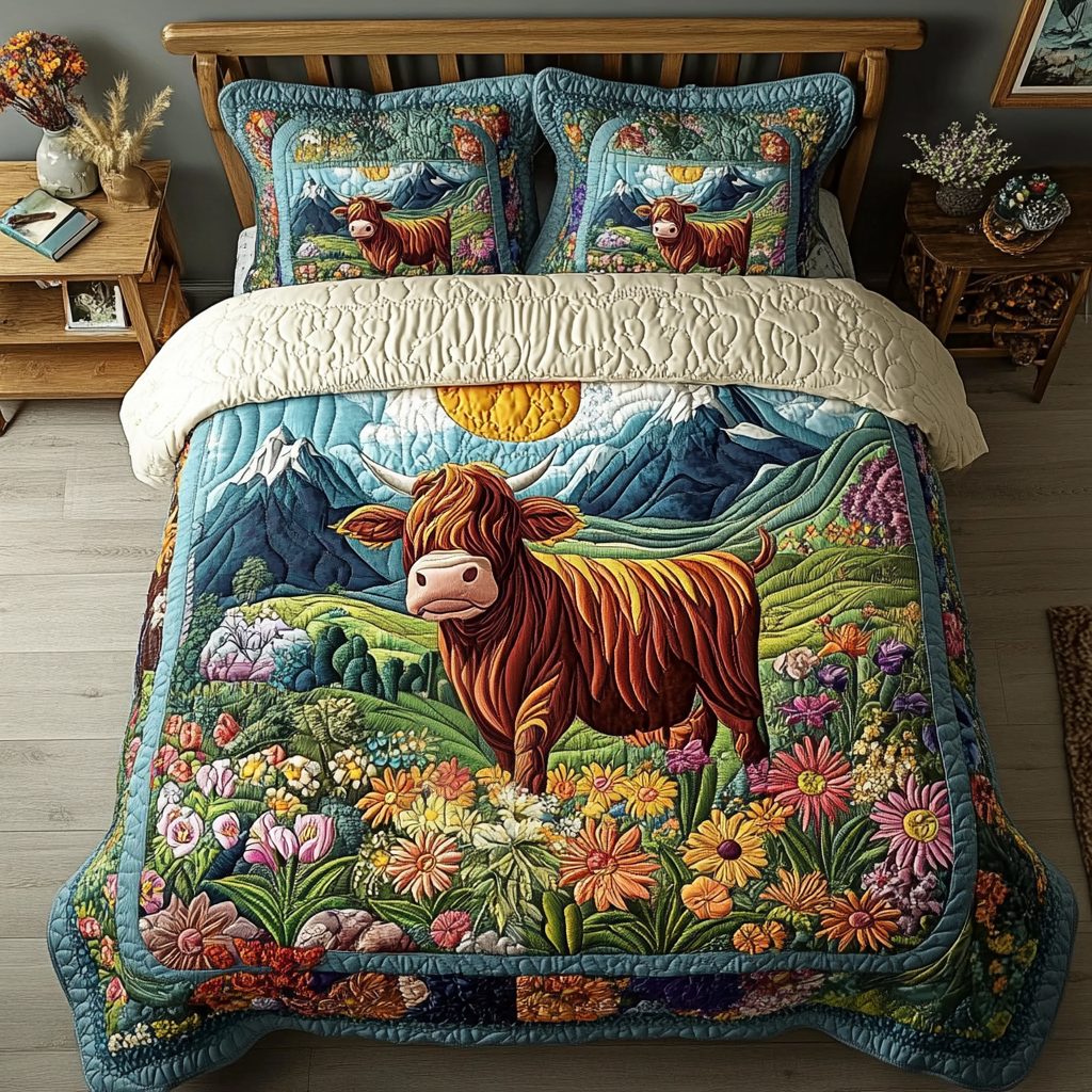 Highland Bliss quilted 3-piece bedding set on a made bed with two matching pillow shams