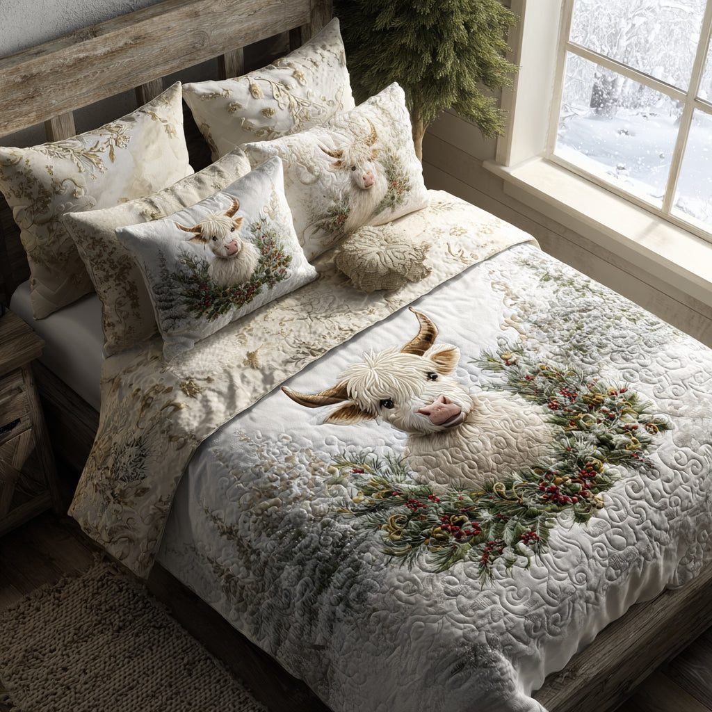 Highland Bloom quilted 3-piece bedding set on a made bed with two matching pillow shams
