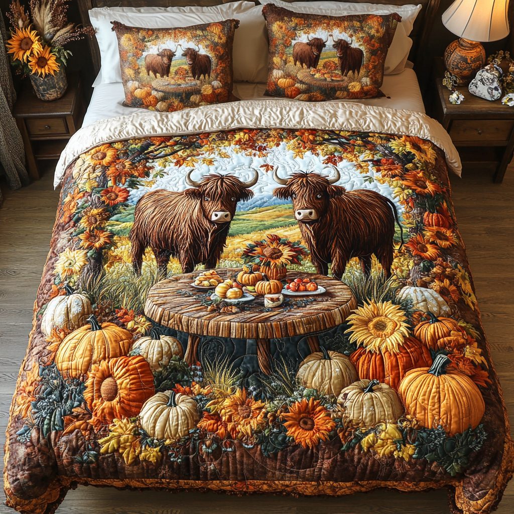 Highland Cow Bloom quilted 3-piece bedding set on a made bed with two matching pillow shams