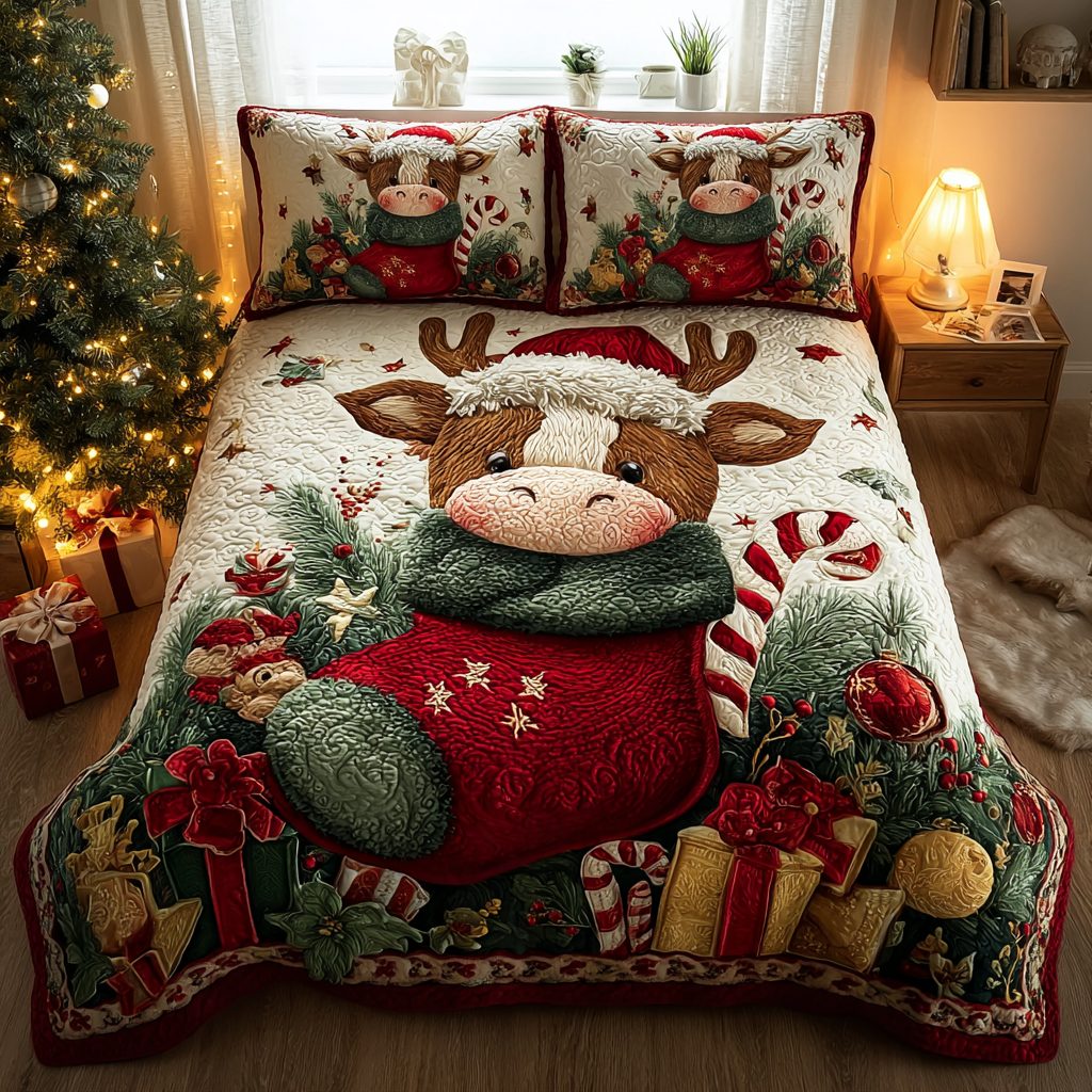 Highland Cow Magic quilted 3-piece bedding set on a made bed with two matching pillow shams