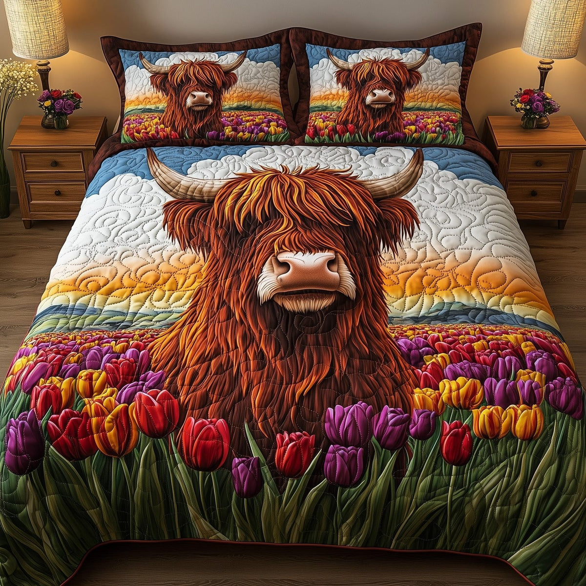 Highland Cow quilted 3-piece bedding set on a made bed with two matching pillow shams