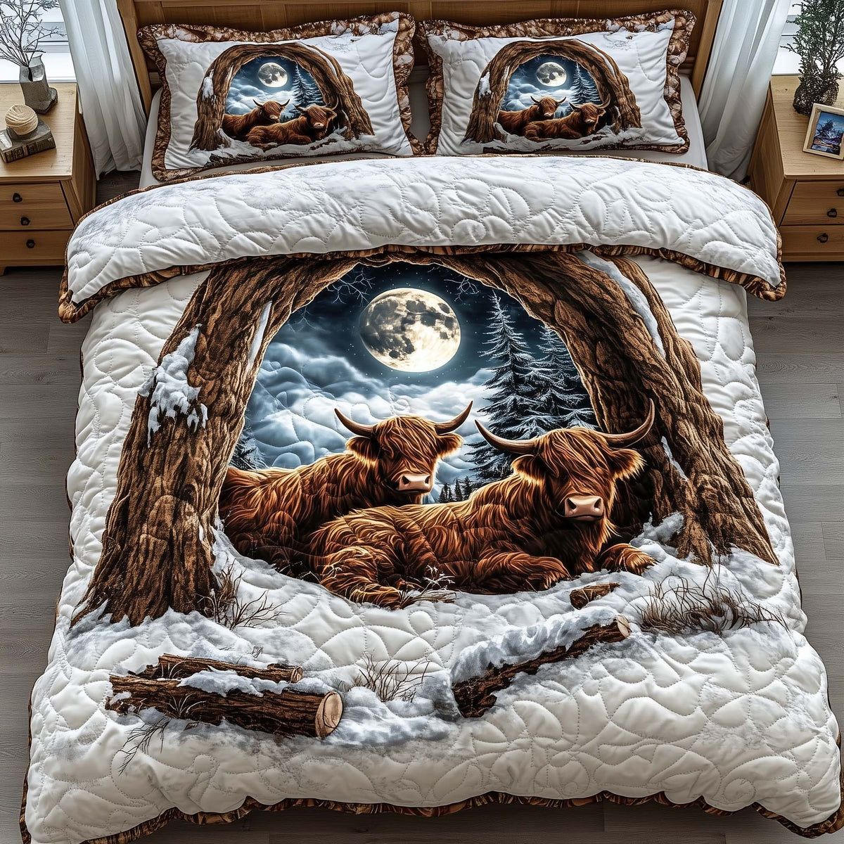Highland Cow quilted 3-piece bedding set on a made bed with two matching pillow shams