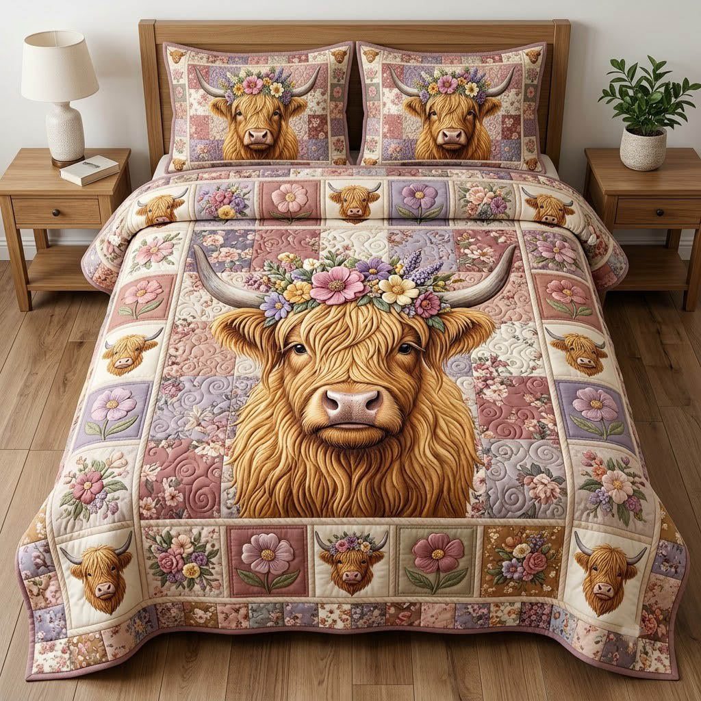 Highland Cow quilted 3-piece bedding set on a made bed with two matching pillow shams