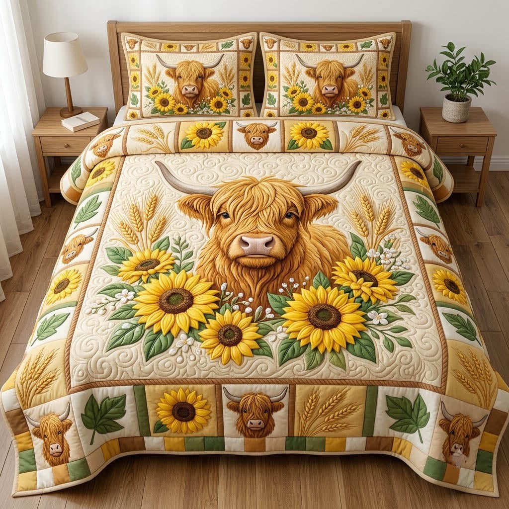 Highland Cow quilted 3-piece bedding set on a made bed with two matching pillow shams