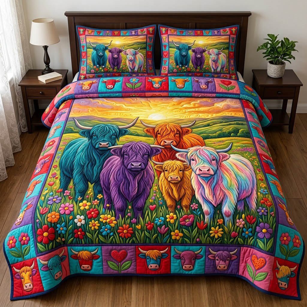 Highland Cow quilted 3-piece bedding set on a made bed with two matching pillow shams