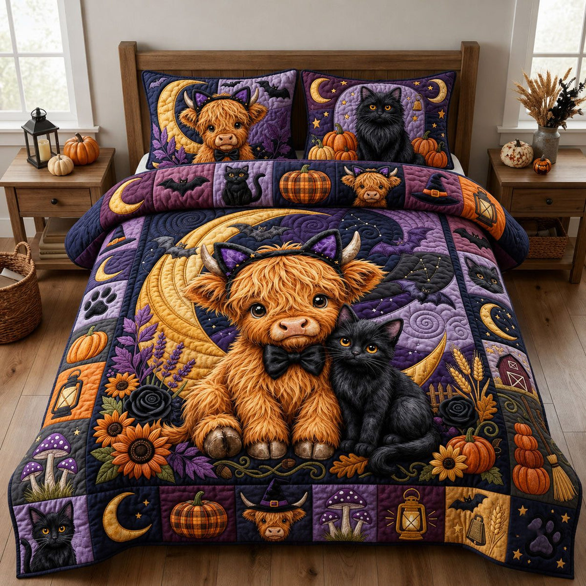 Highland Cow with Black Cat quilted 3-piece bedding set on a made bed with two matching pillow shams