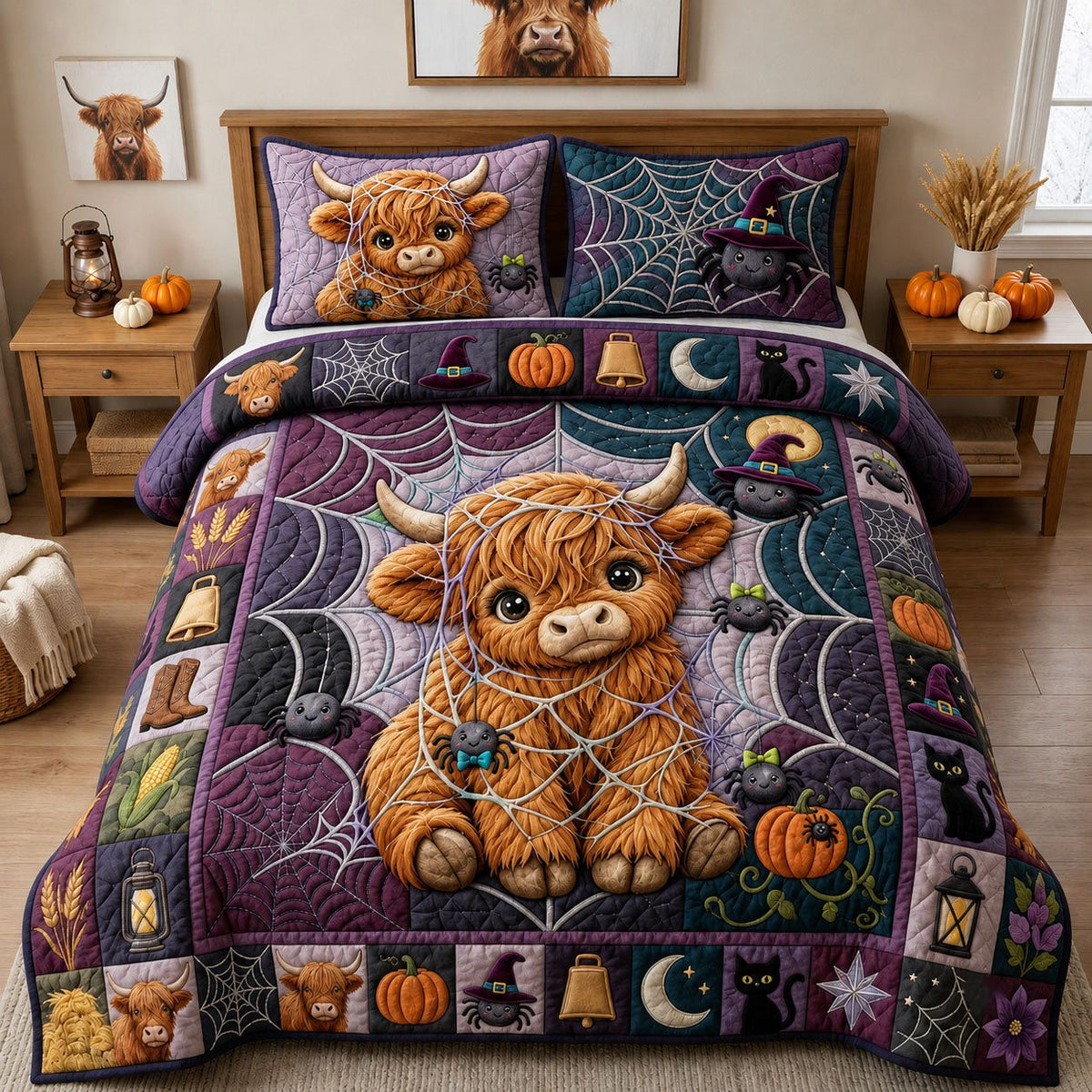 Highland Cow with Spider quilted 3-piece bedding set on a made bed with two matching pillow shams