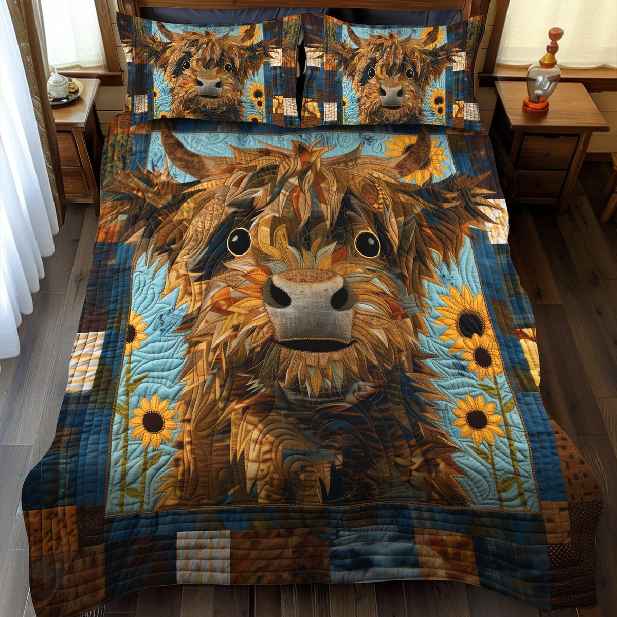 Highland Eyes quilted 3-piece bedding set on a made bed with two matching pillow shams