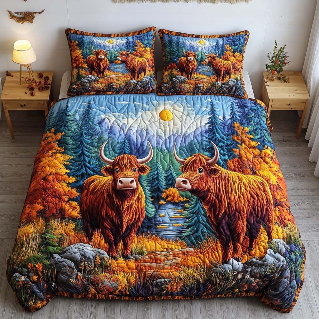 Highland Glory quilted 3-piece bedding set on a made bed with two matching pillow shams