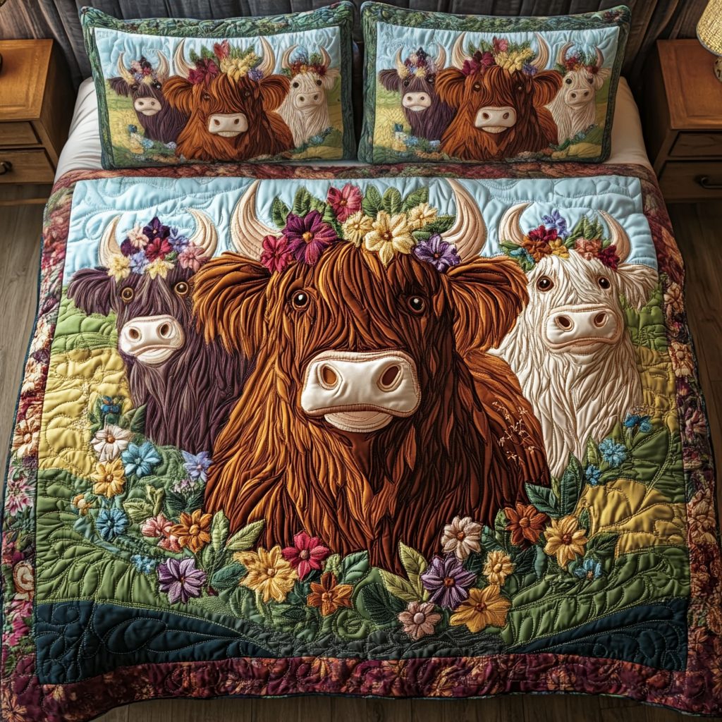 Highland Grace quilted 3-piece bedding set on a made bed with two matching pillow shams