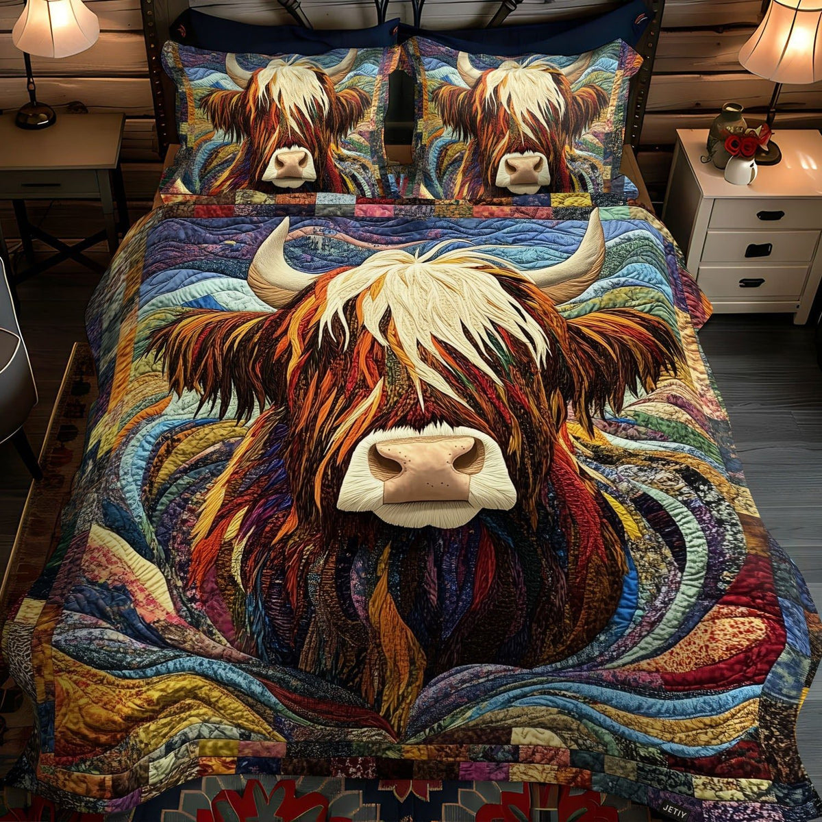 Highland Haven quilted 3-piece bedding set on a made bed with two matching pillow shams
