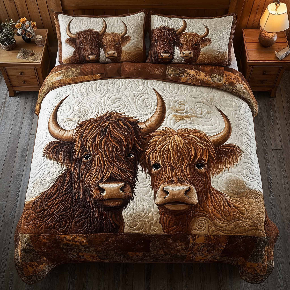 Highland Hearts quilted 3-piece bedding set on a made bed with two matching pillow shams