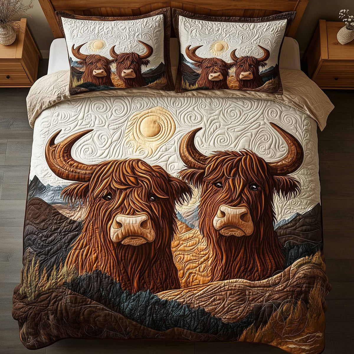 Highland Hearts quilted 3-piece bedding set on a made bed with two matching pillow shams