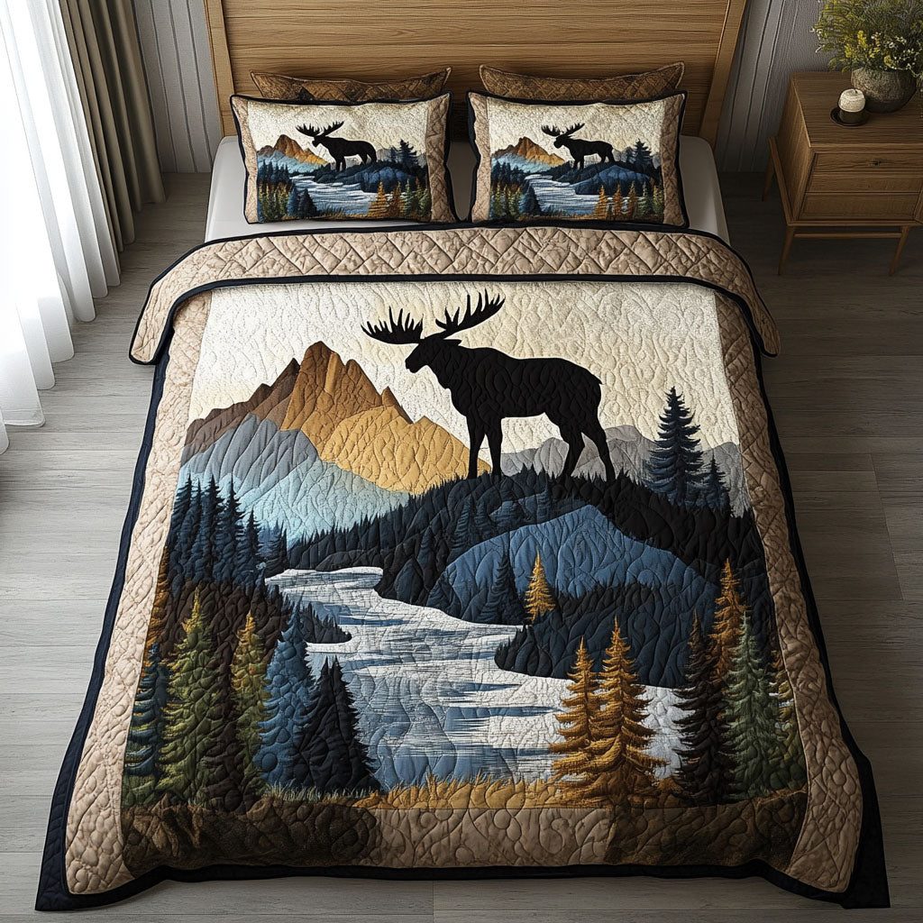 Highland Horizon quilted 3-piece bedding set on a made bed with two matching pillow shams