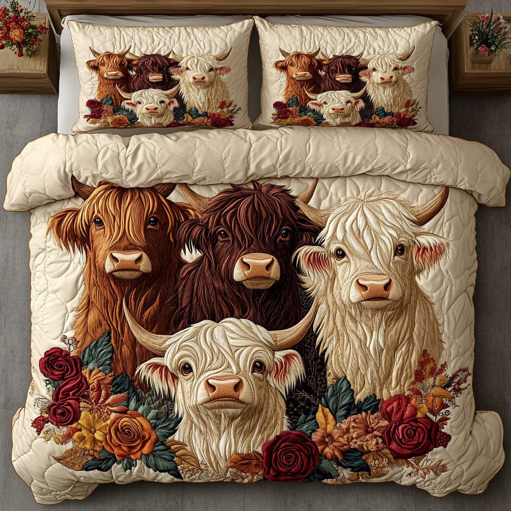 Highland Horn quilted 3-piece bedding set on a made bed with two matching pillow shams