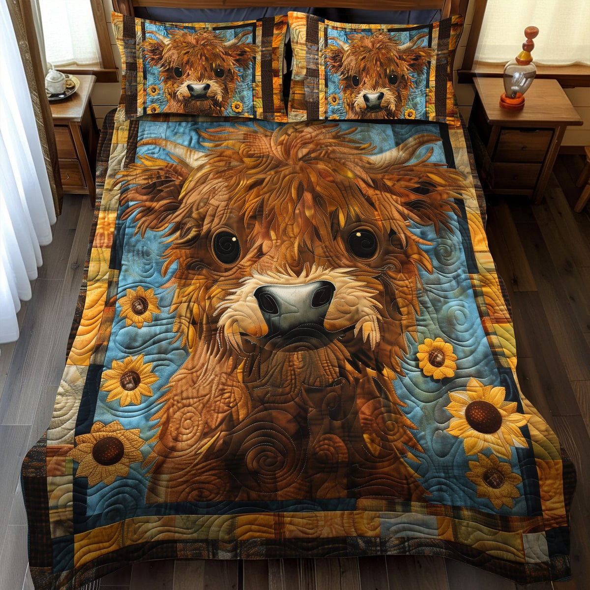 Highland Moo-ment quilted 3-piece bedding set on a made bed with two matching pillow shams