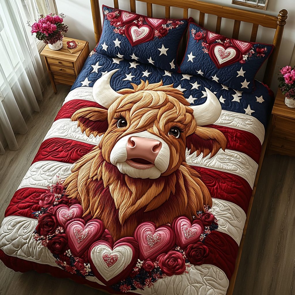 Highland Proud Love quilted 3-piece bedding set on a made bed with two matching pillow shams