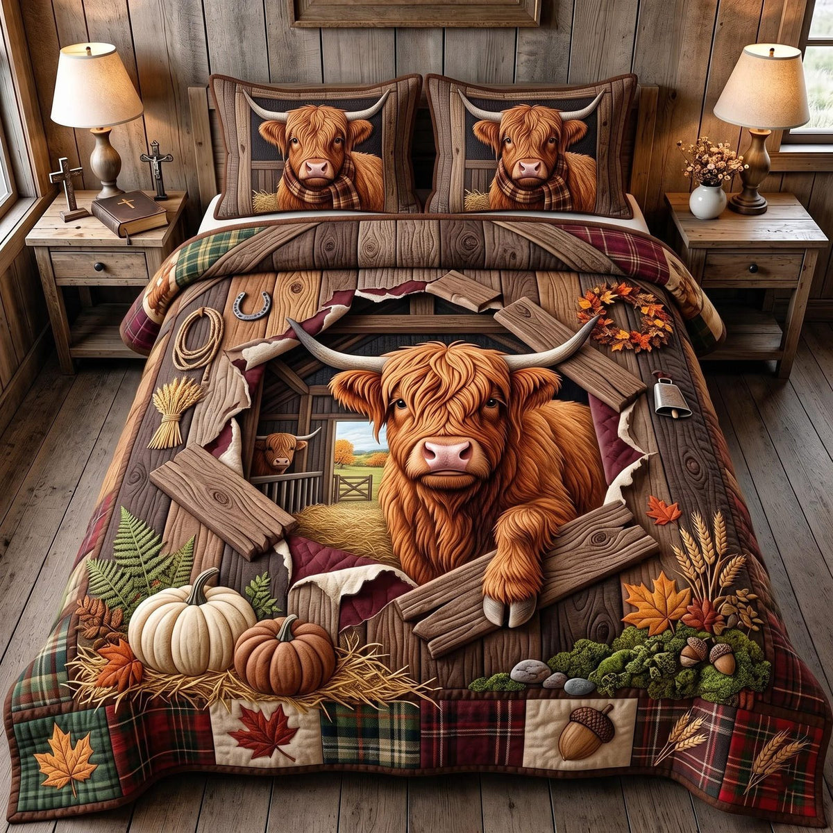 Highland Pumpkin quilted 3-piece bedding set on a made bed against a dark styled interior
