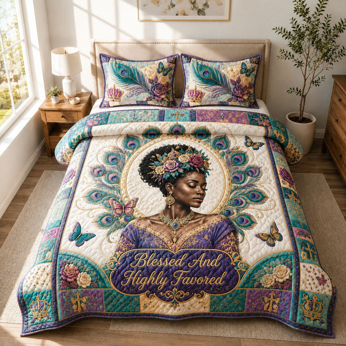 Highly Favored Peacock Grace quilted 3-piece bedding set on a made bed with two matching pillow shams