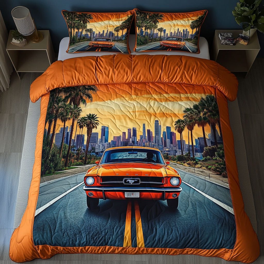 Highway Vibes quilted 3-piece bedding set on a made bed with two matching pillow shams