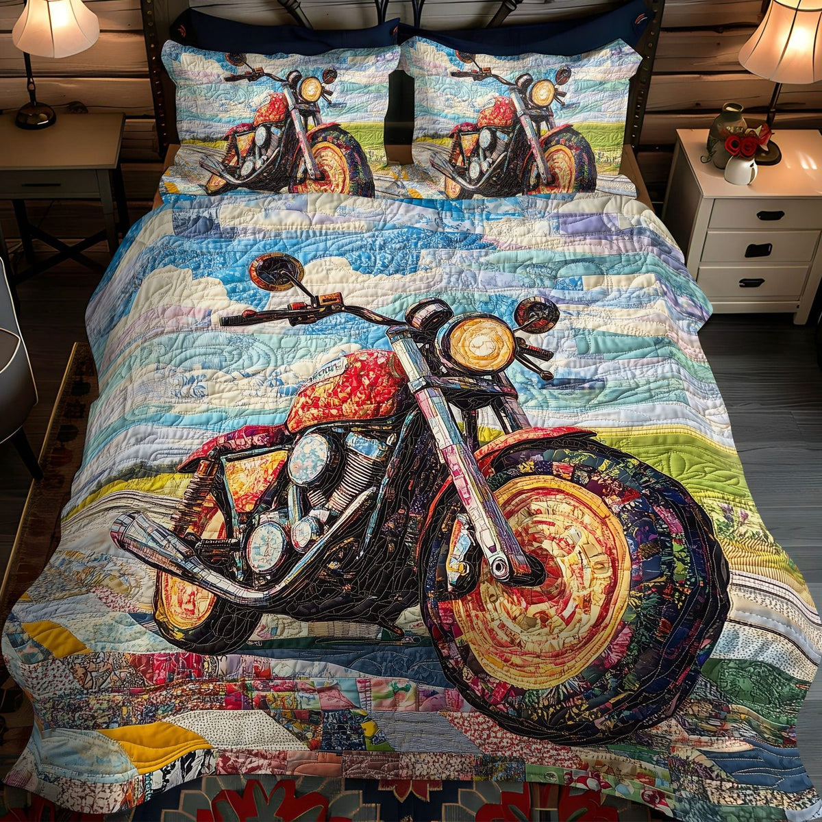 Highways and Horizons quilted 3-piece bedding set on a made bed with two matching pillow shams