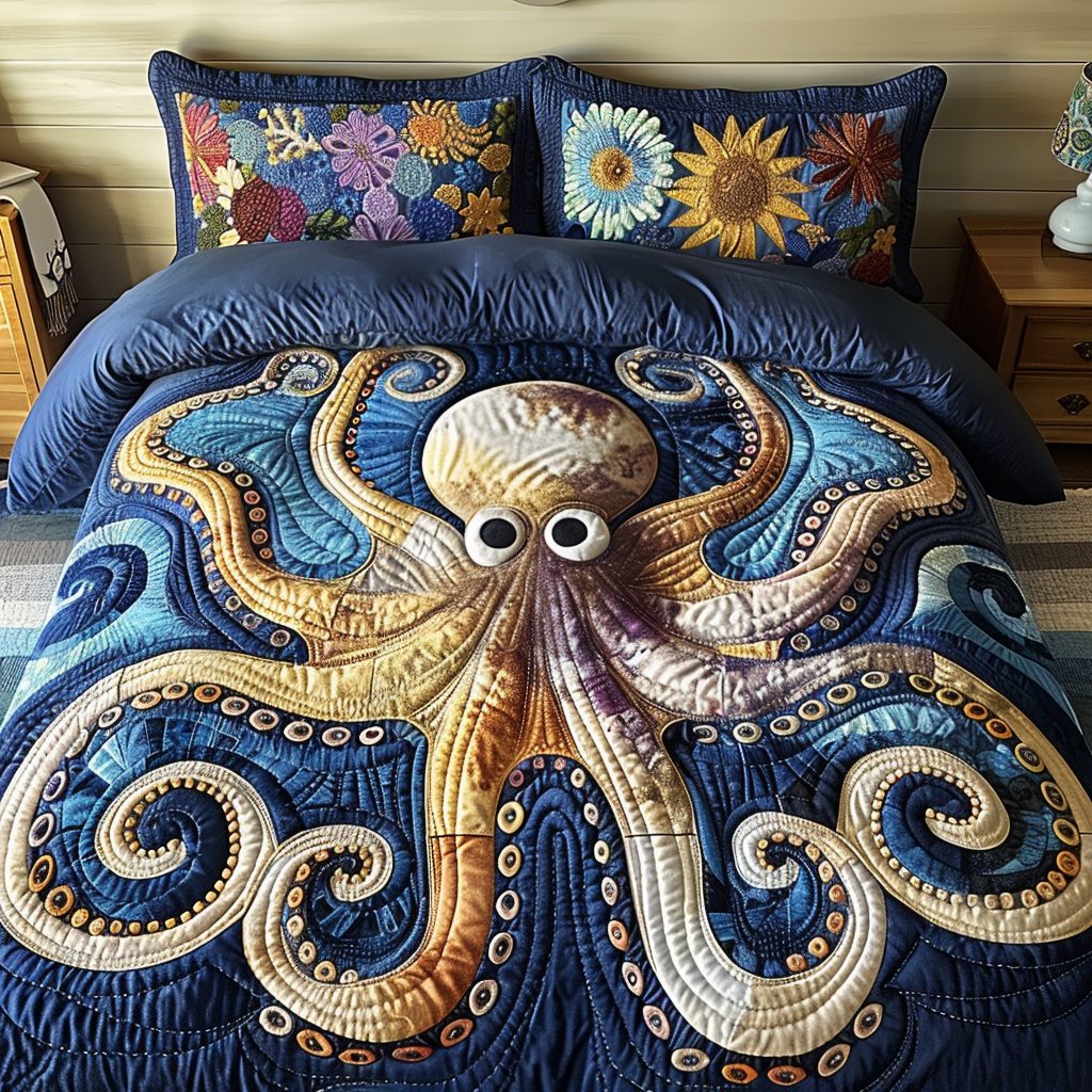 Hilarious Octopus quilted 3-piece bedding set on a made bed with two matching pillow shams