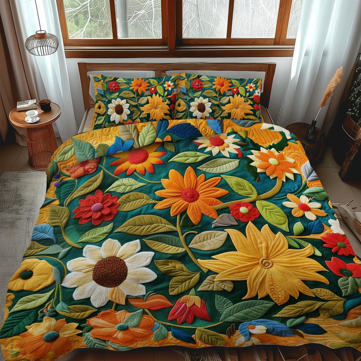 Hilarious Sunflowers quilted 3-piece bedding set on a made bed with two matching pillow shams