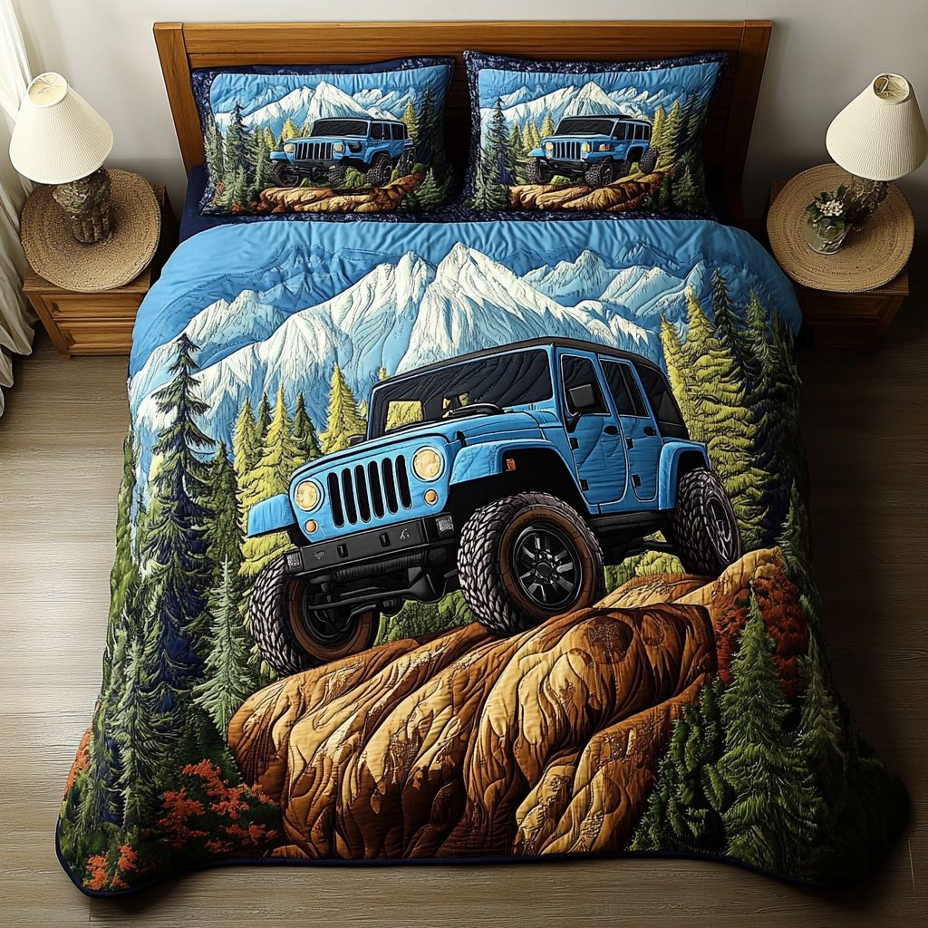 Hill Quest quilted 3-piece bedding set on a made bed with two matching pillow shams
