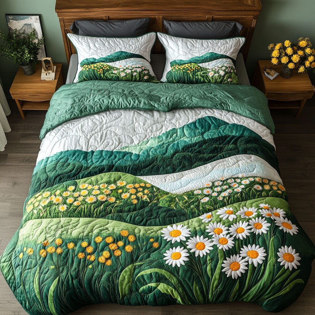 Hillside Bloom quilted 3-piece bedding set on a made bed with two matching pillow shams