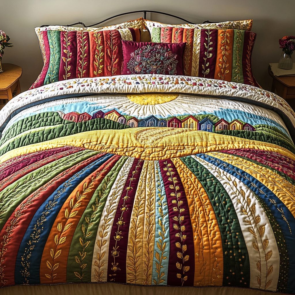 Hillside Dream quilted 3-piece bedding set on a made bed with two matching pillow shams