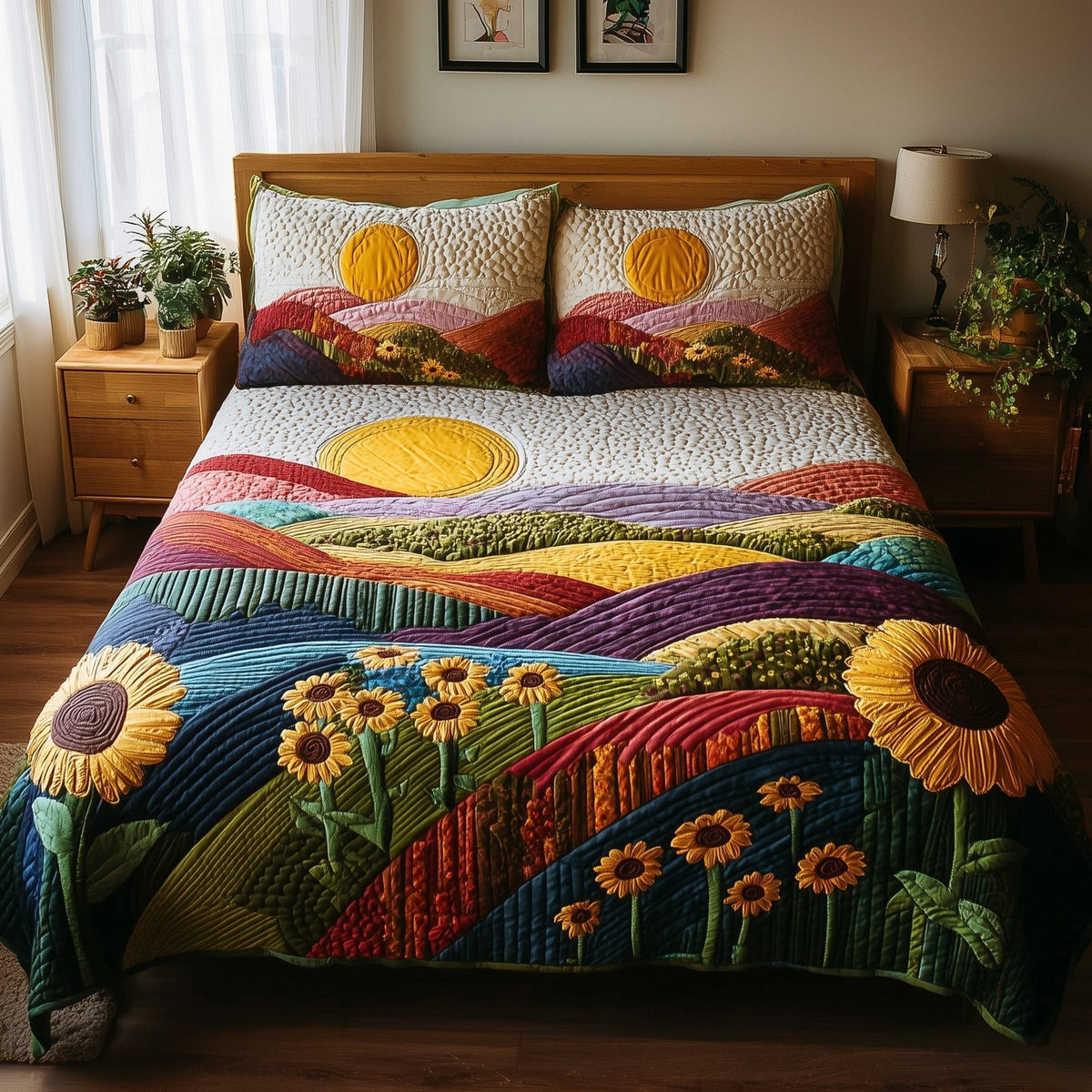 Hillside Serenity quilted 3-piece bedding set on a made bed with two matching pillow shams