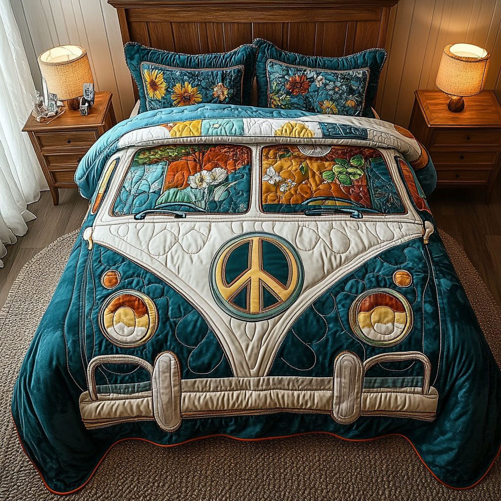 Hippie Bus Teal quilted 3-piece bedding set on a made bed with two matching pillow shams