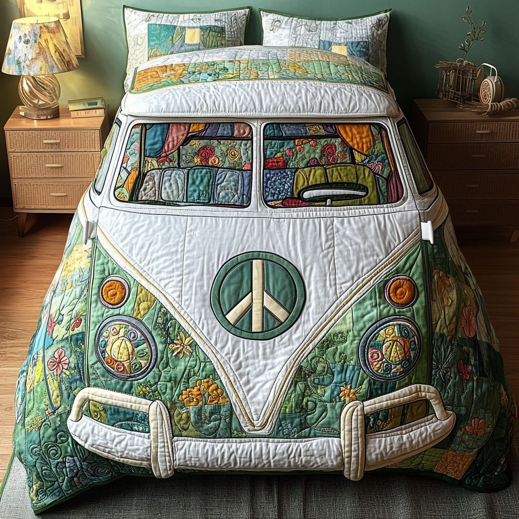 Hippie Camper Comfort quilted 3-piece bedding set on a made bed with two matching pillow shams