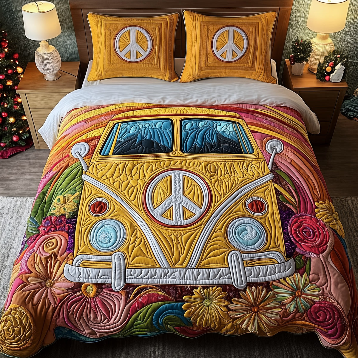 Hippie Caravan quilted 3-piece bedding set on a made bed with two matching pillow shams