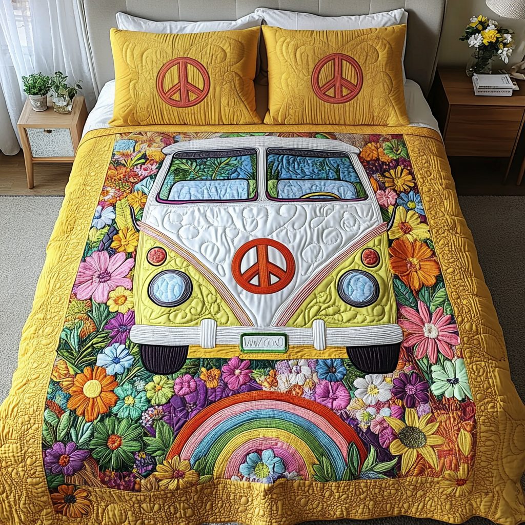 Hippie Dreams quilted 3-piece bedding set on a made bed with two matching pillow shams