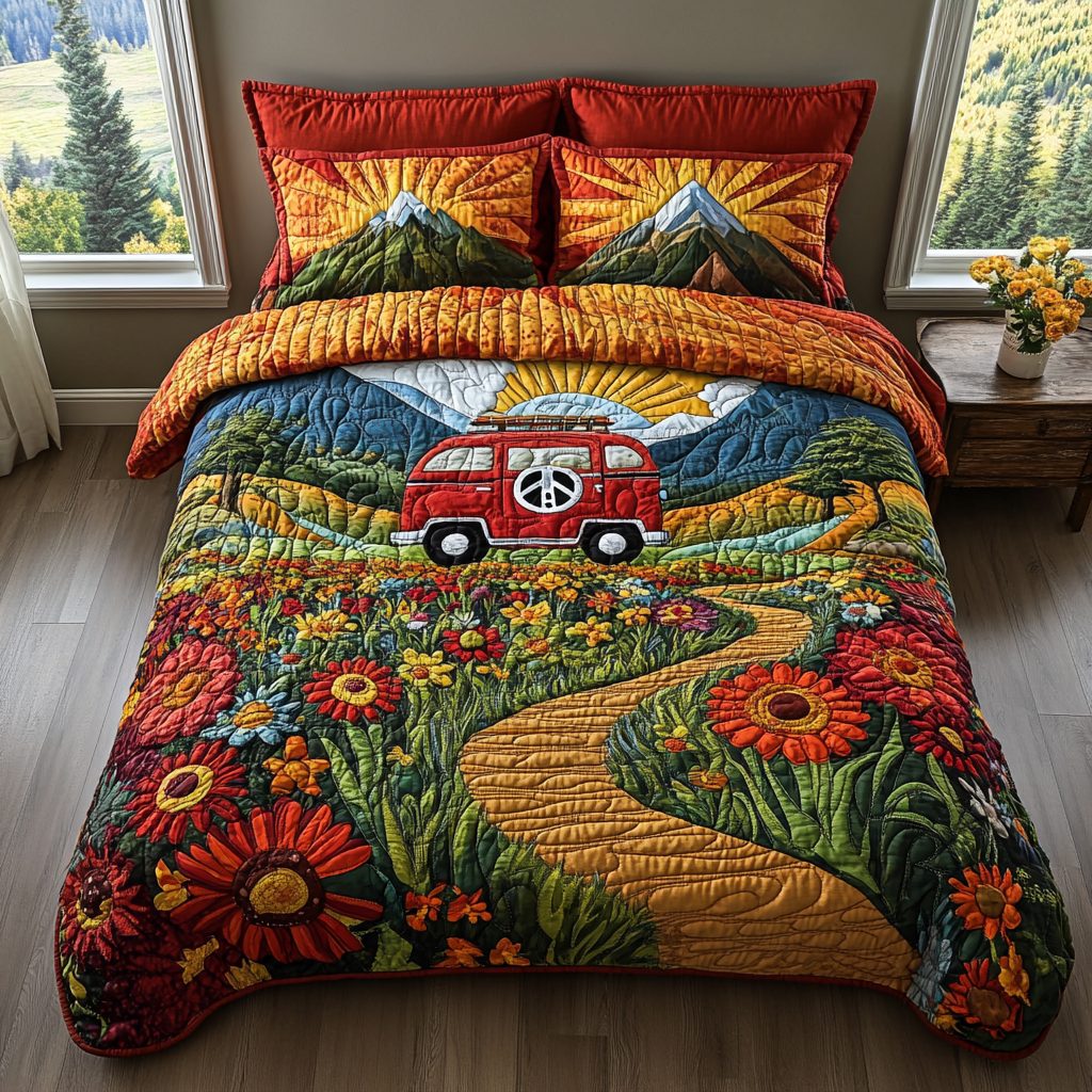 Hippie Dreamscape quilted 3-piece bedding set on a made bed with two matching pillow shams