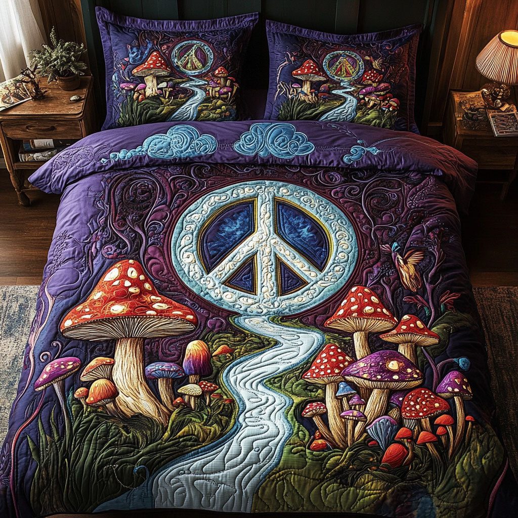Hippie Grove Retreat quilted 3-piece bedding set on a made bed with two matching pillow shams