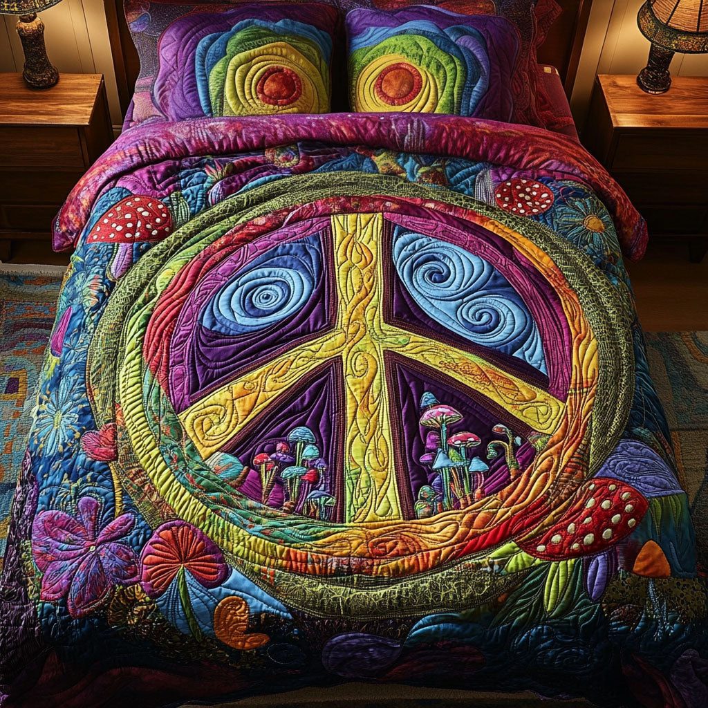 Hippie Harmony quilted 3-piece bedding set on a made bed with two matching pillow shams