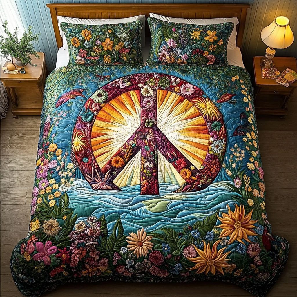 Hippie Haven quilted 3-piece bedding set on a made bed with two matching pillow shams
