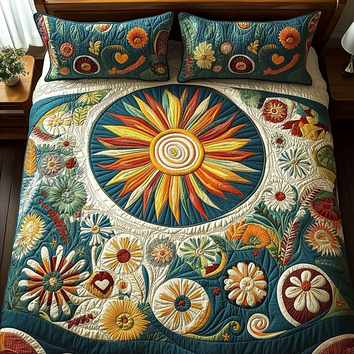 Hippie Heartshine quilted 3-piece bedding set on a made bed with two matching pillow shams