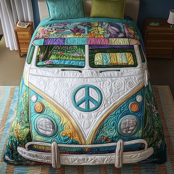 Hippie Hideaway quilted 3-piece bedding set on a made bed with two matching pillow shams