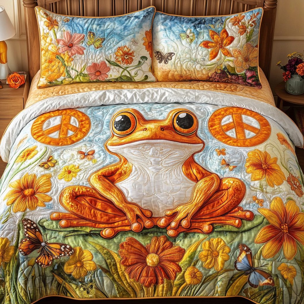 Hippie Hops quilted 3-piece bedding set on a made bed with two matching pillow shams