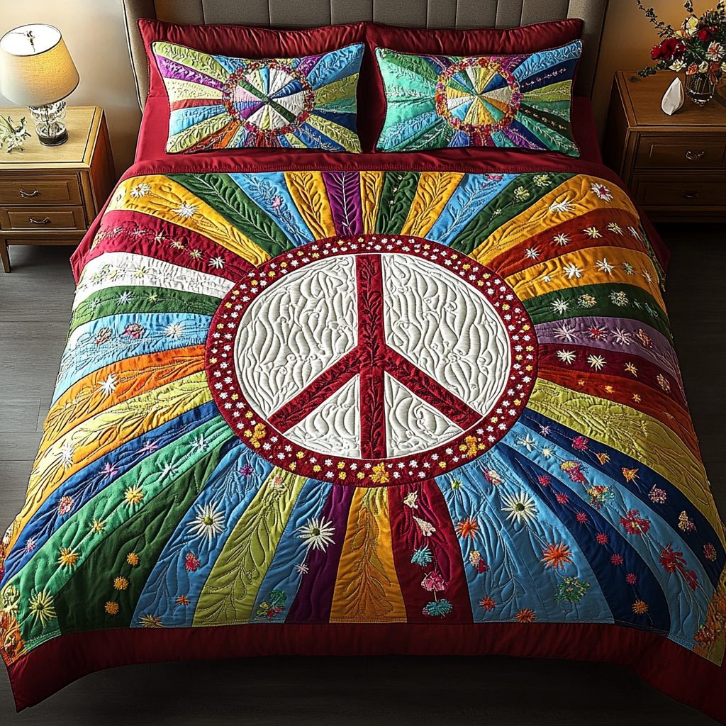 Hippie Love quilted 3-piece bedding set on a made bed with two matching pillow shams