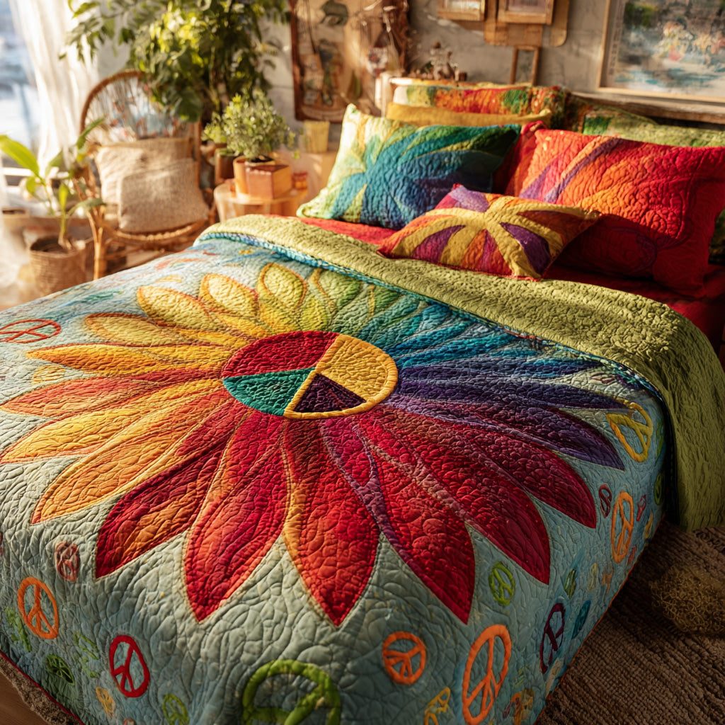 Hippie Meadow quilted 3-piece bedding set on a made bed with two matching pillow shams