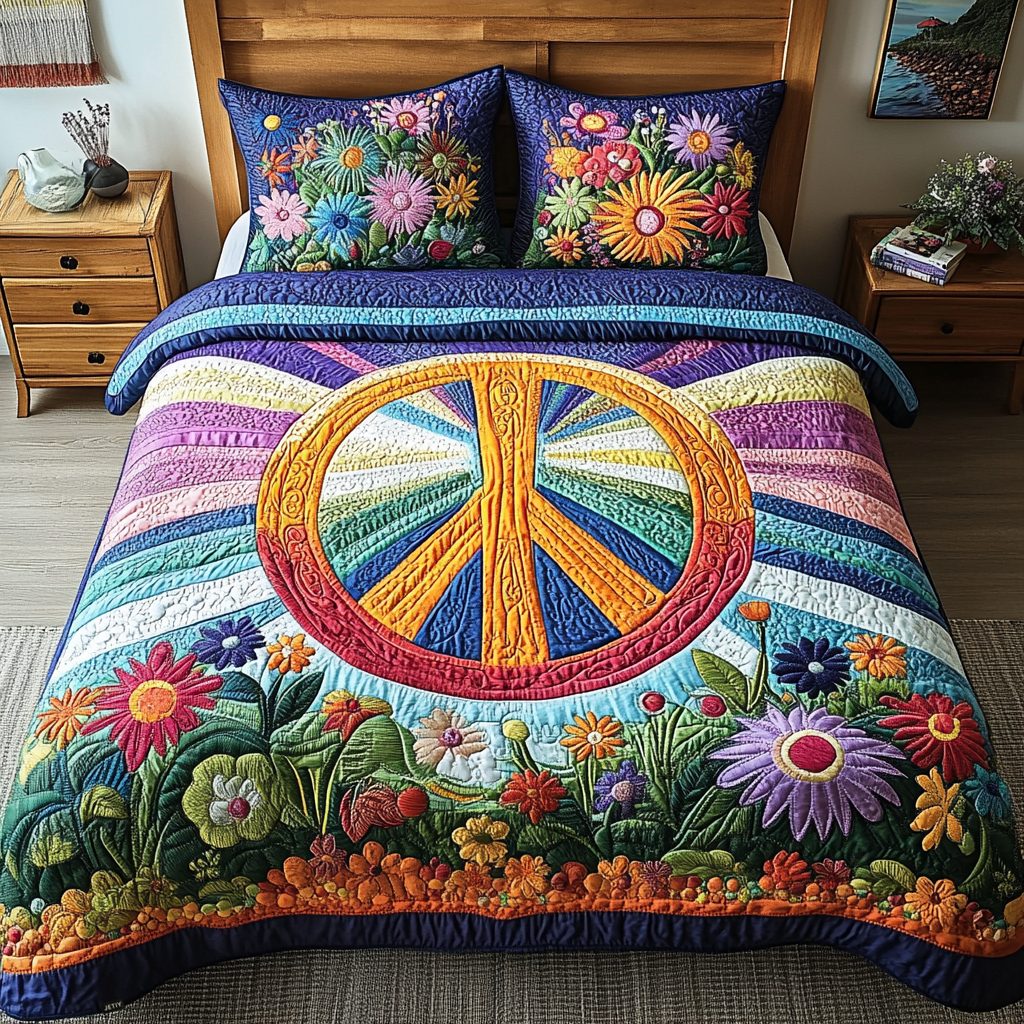 Hippie quilted 3-piece bedding set on a made bed with two matching pillow shams