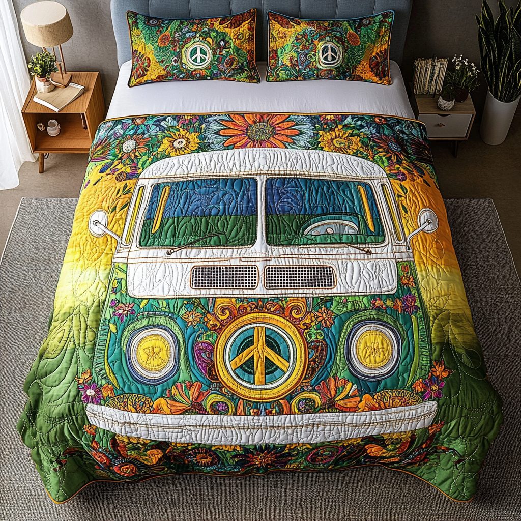 Hippie Ride quilted 3-piece bedding set on a made bed with two matching pillow shams