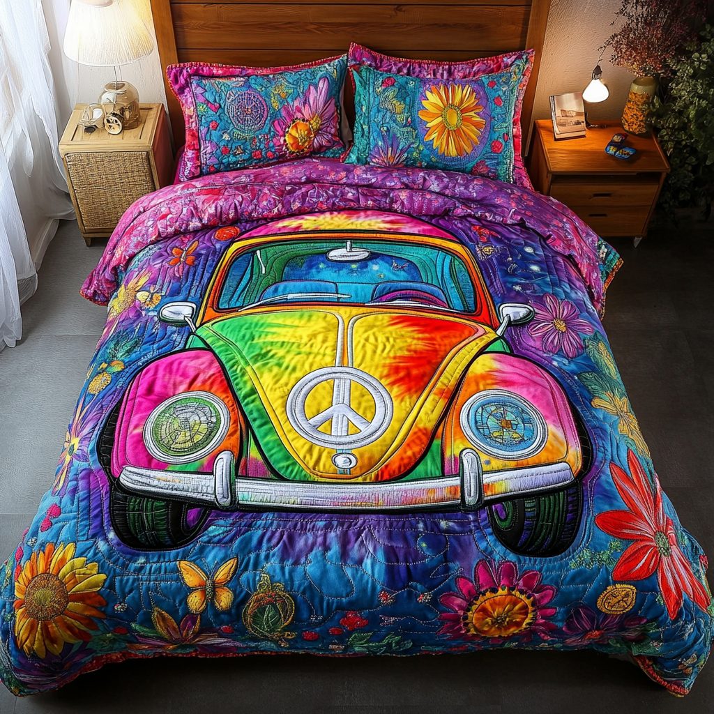 Hippie Ride quilted 3-piece bedding set on a made bed with two matching pillow shams