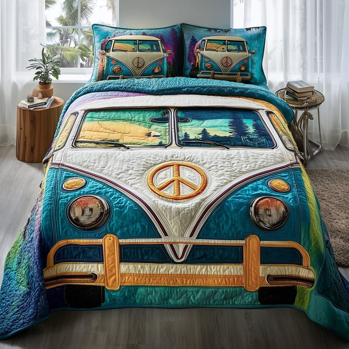 Hippie Van quilted 3-piece bedding set on a made bed with two matching pillow shams